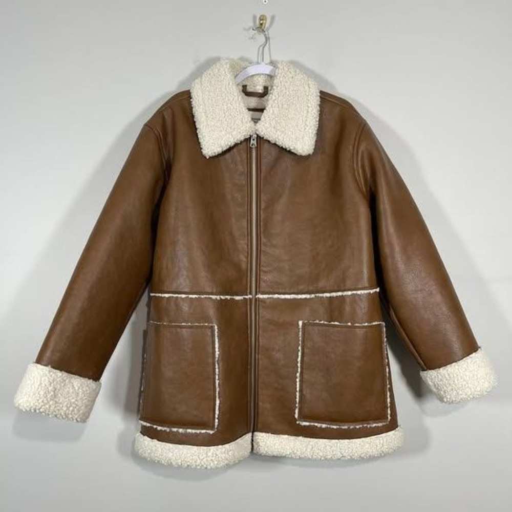 Abercrombie & Fitch Vegan Leather Faux Shearling Jacket Womens Large Brown Coat